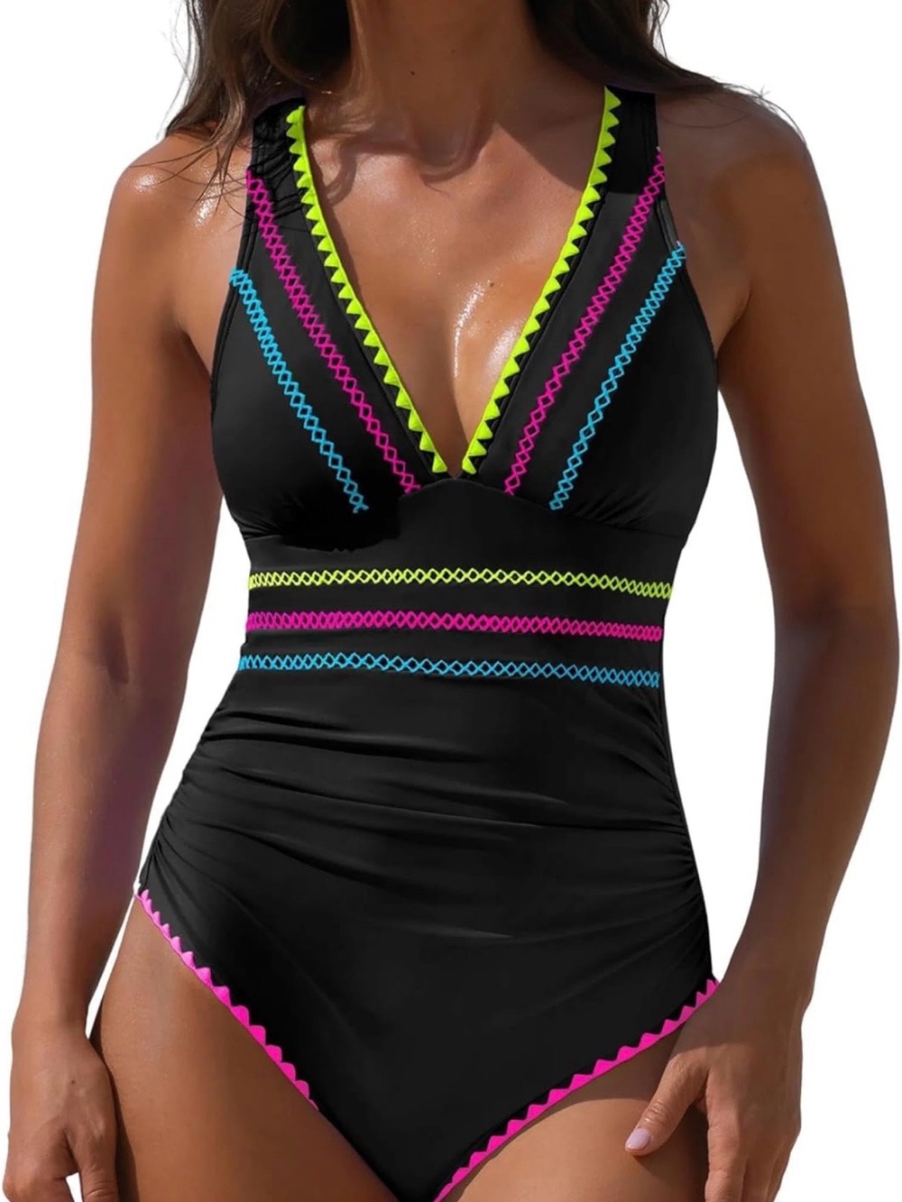 Black One-Piece Swimsuit with Neon Trim - Women Swim